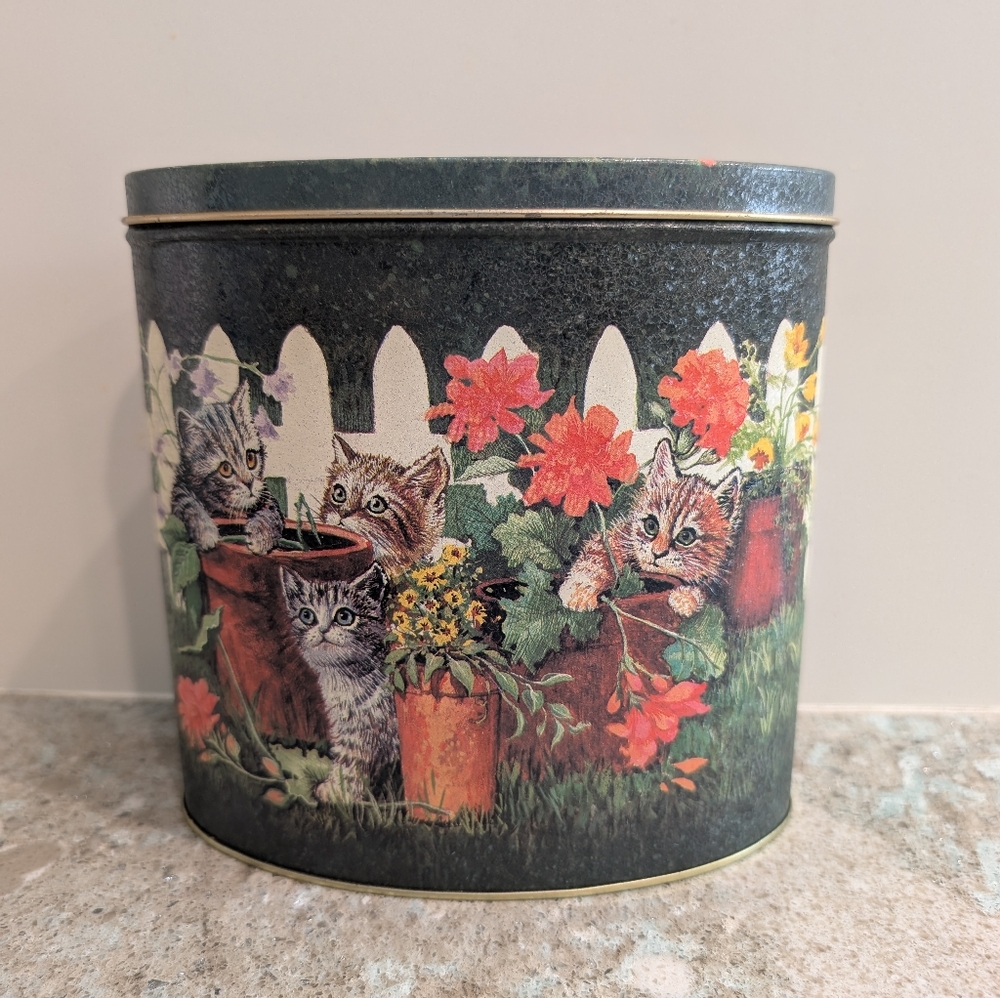 Vintage Oval Tin with Kittens Flowers and Pots